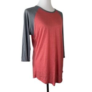Lularoe Baseball Top 3/4 Sleeve Stretch‎ Crew Neck Grey Coral Red Women's L
